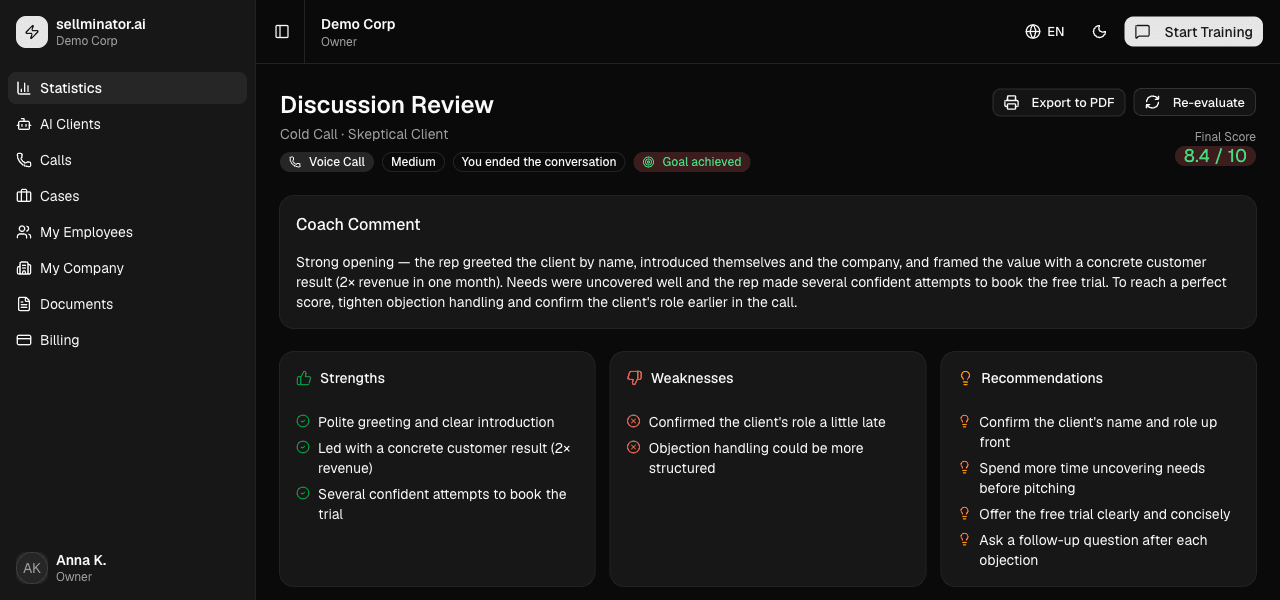 Daily AI call report with score, strengths and recommendations