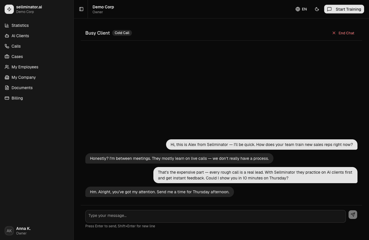Sellminator training session with an AI client